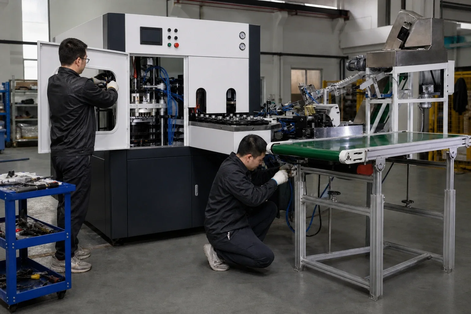 Vue de référence de style photographique d’un équipement générique de soufflage de bouteilles en cours d’assemblage dans un atelier industriel.