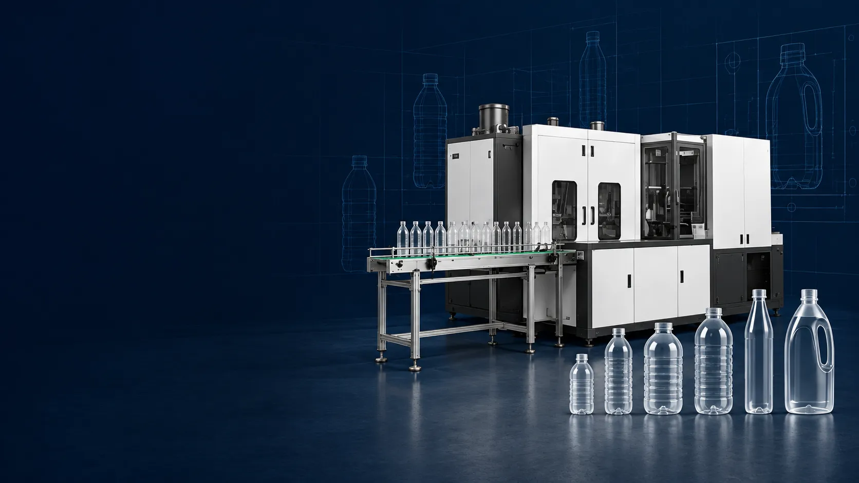 Illustrative PET bottle blowing equipment and unbranded bottle formats.
